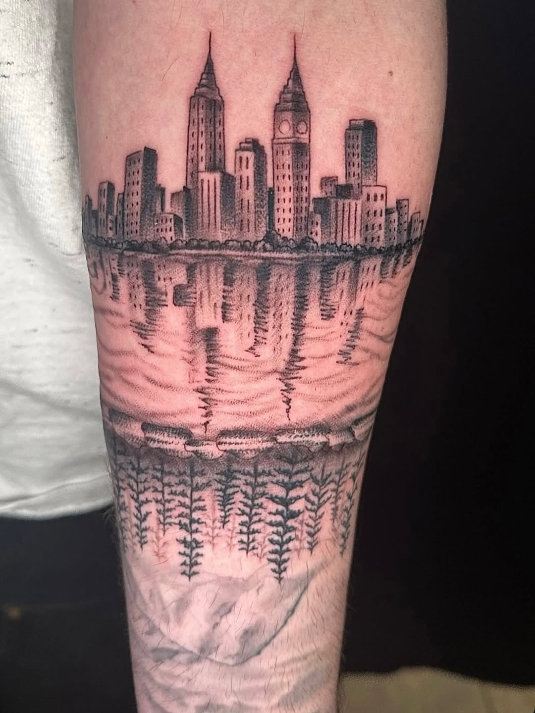 Monochrome skyline with mirrored water reflection and forest foreground