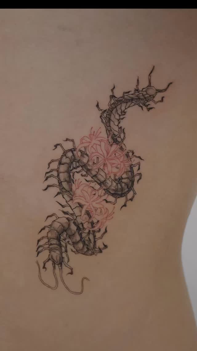 Coiled blackwork scorpions entwined with soft pink florals