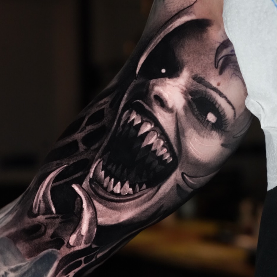 Monstrous grayscale horror face with razor-sharp teeth