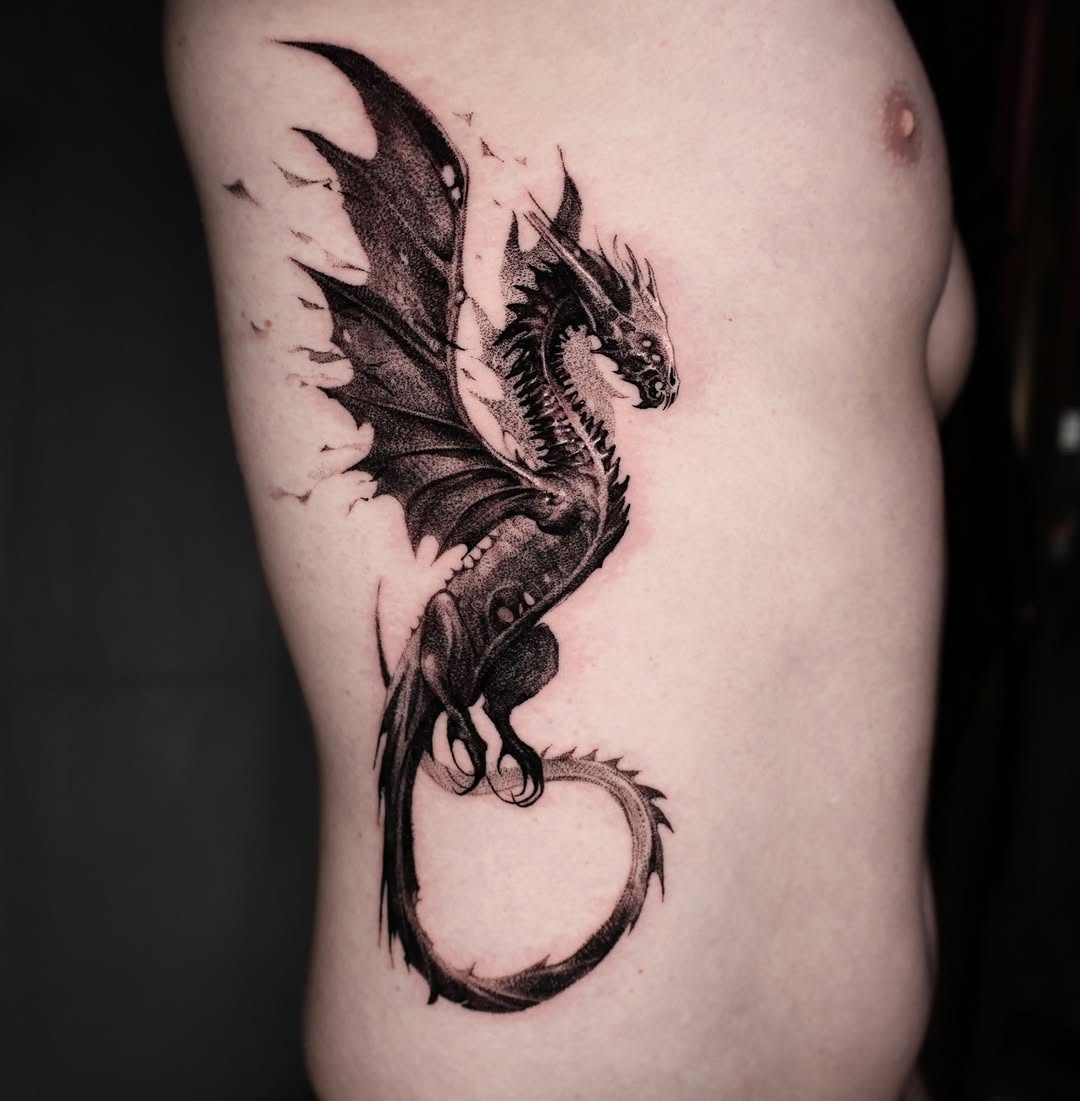 Dynamic black dragon with jagged scales and shading