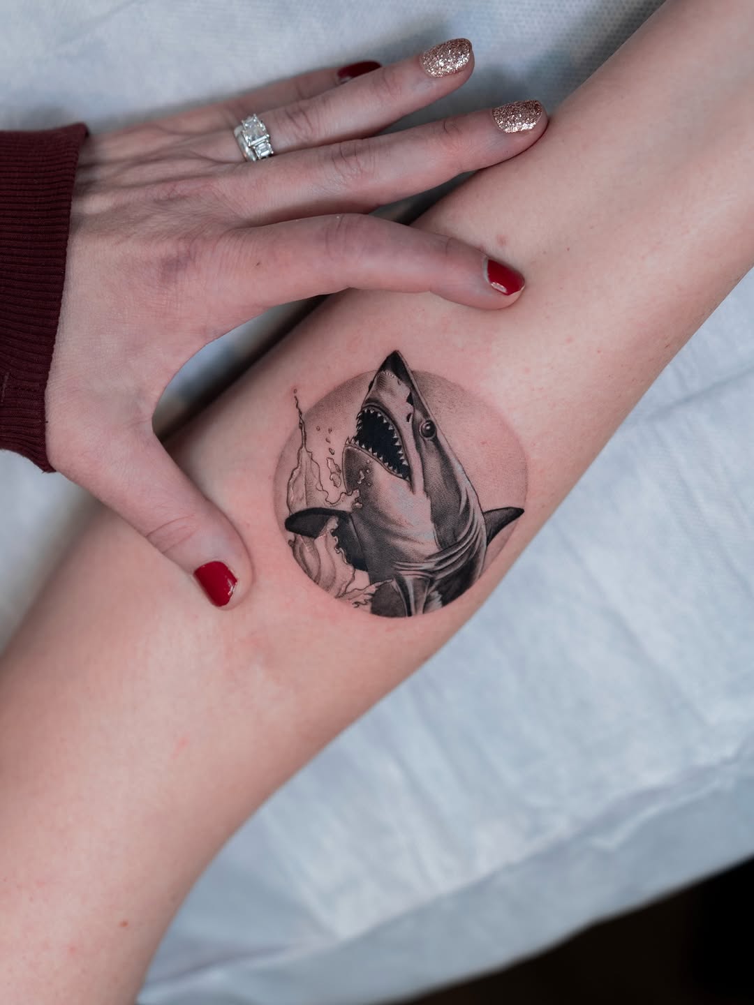 Monochrome shark in circular, shaded vignette with splashes.