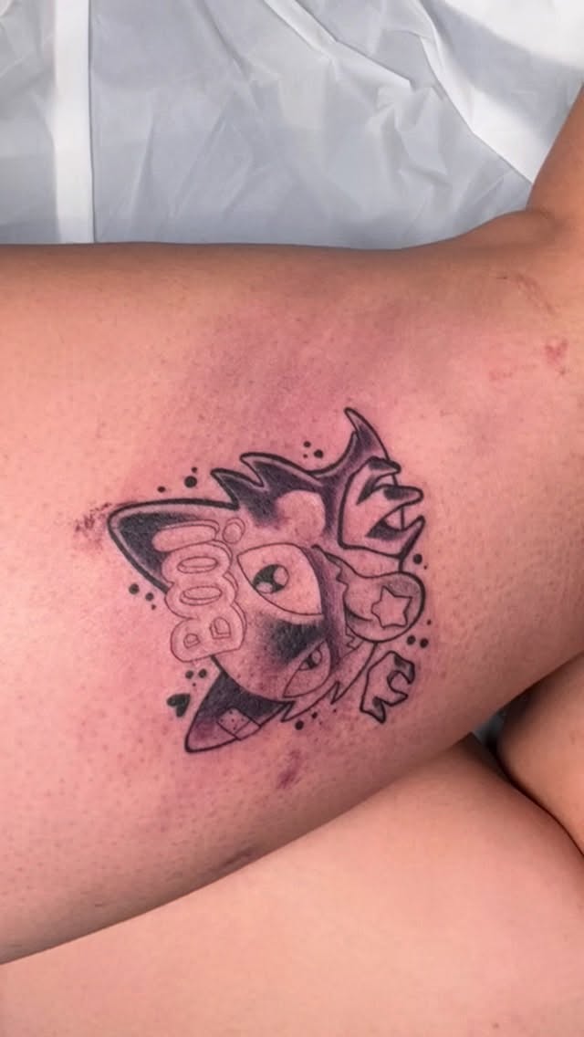 Chibi Haunter Pokémon tattoo with bold outlines and playful dots