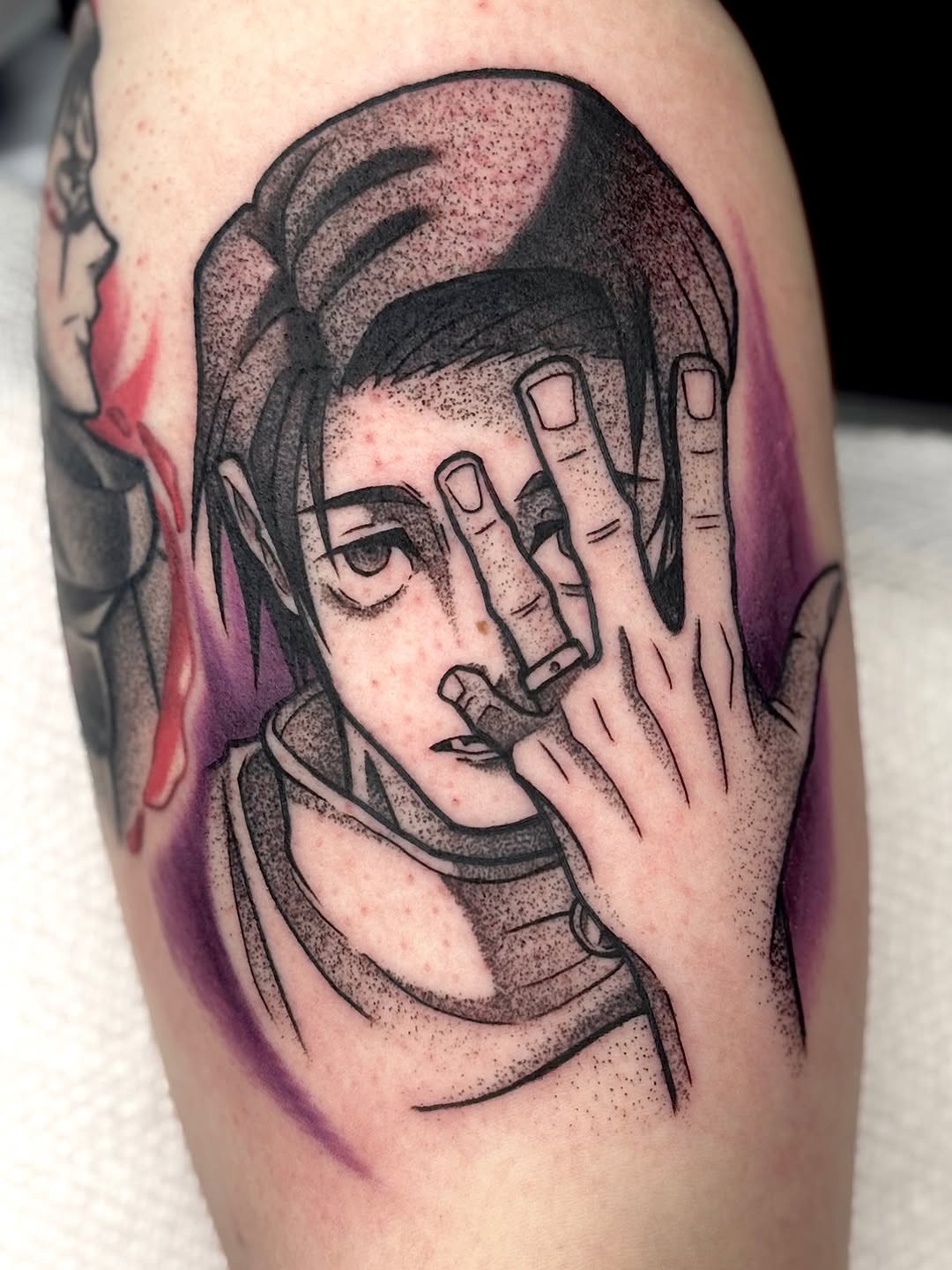 Manga-inspired portrait with bold linework and stippled shading.