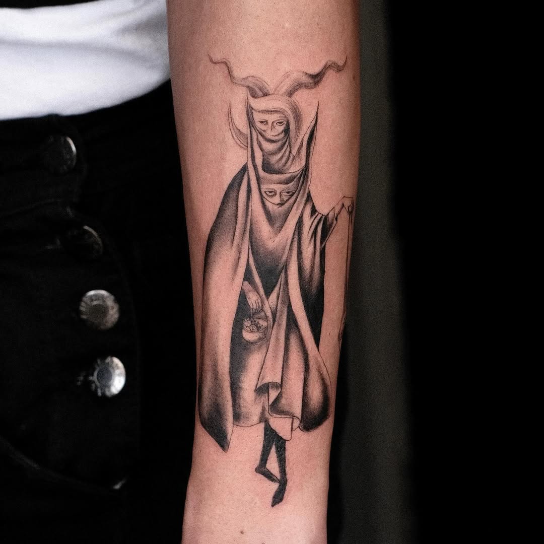 Varo-inspired surreal cloaked figure emerging from shadows