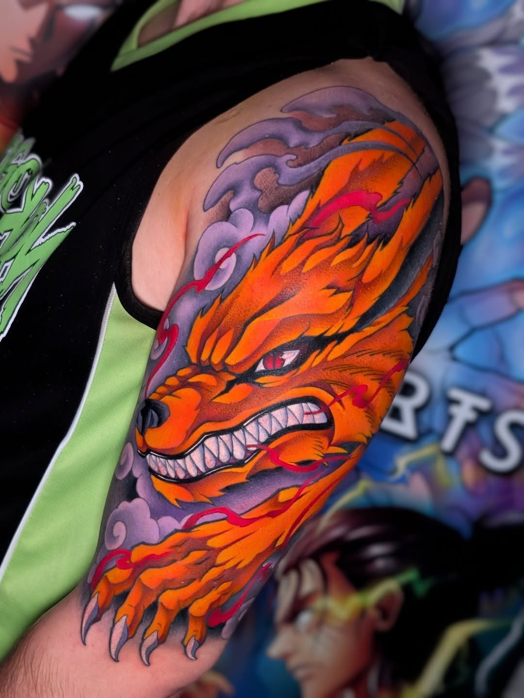 Fiery orange dragon head with purple storm clouds