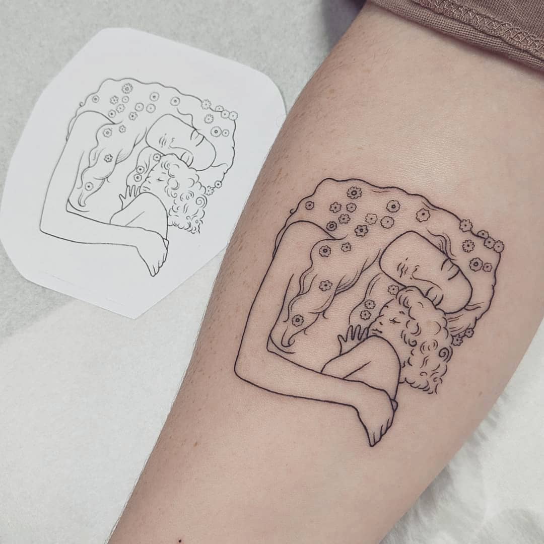 Klimt-inspired mother-and-child linework with floral halo