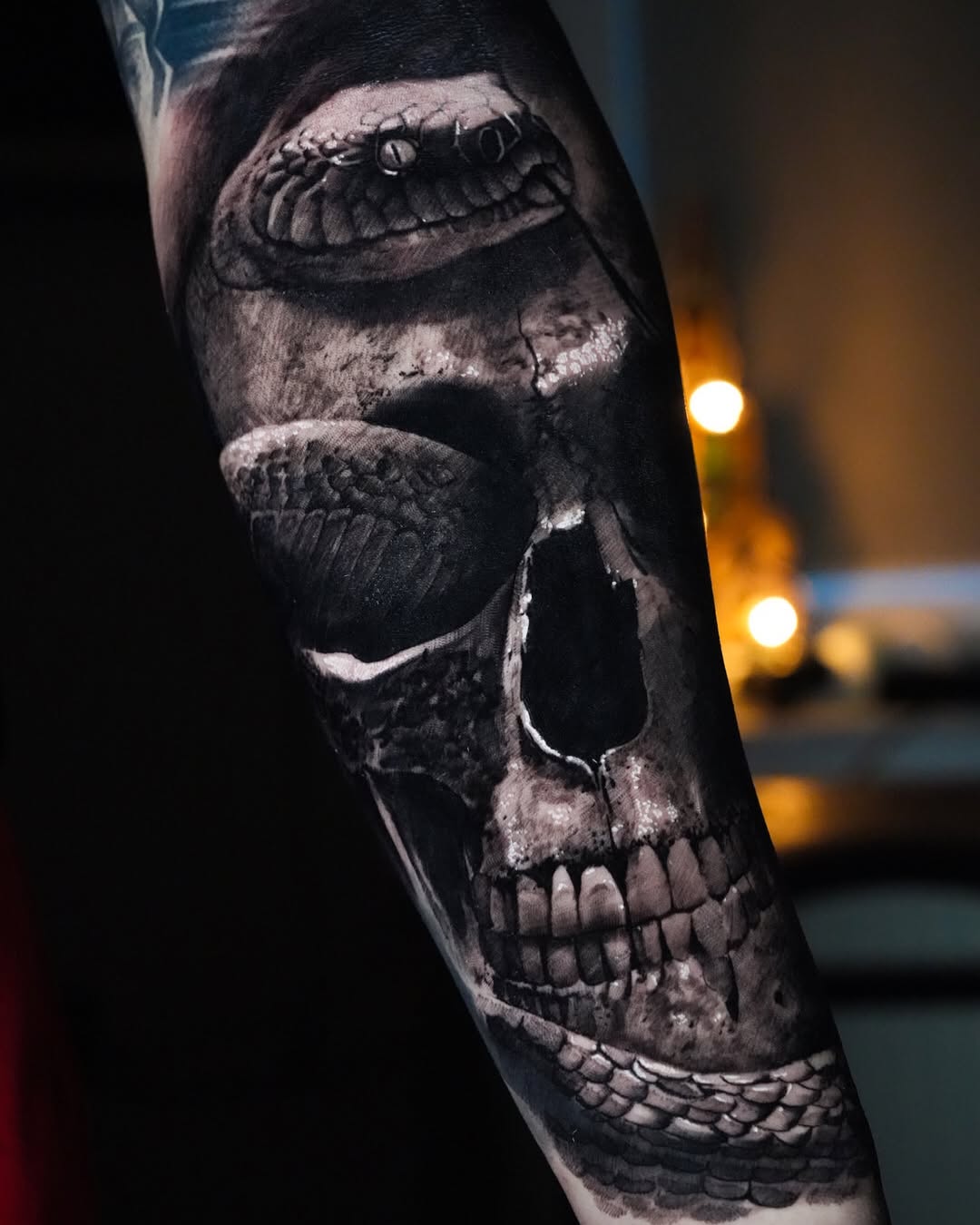 Photorealistic grayscale skull entwined with coiled snake