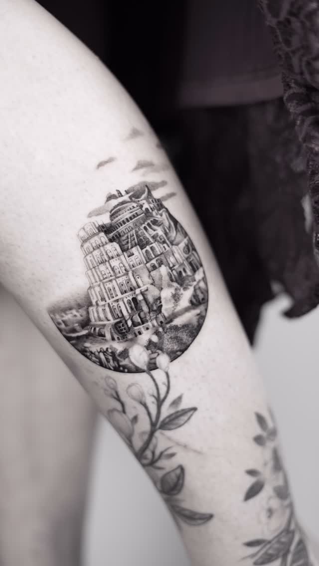 Monochrome Tower of Babel rendered in circular vignette