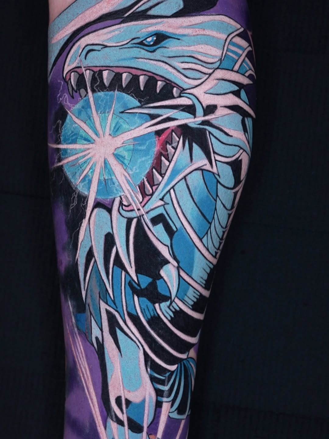 Vibrant Blue-Eyes White Dragon with electric cyan highlights