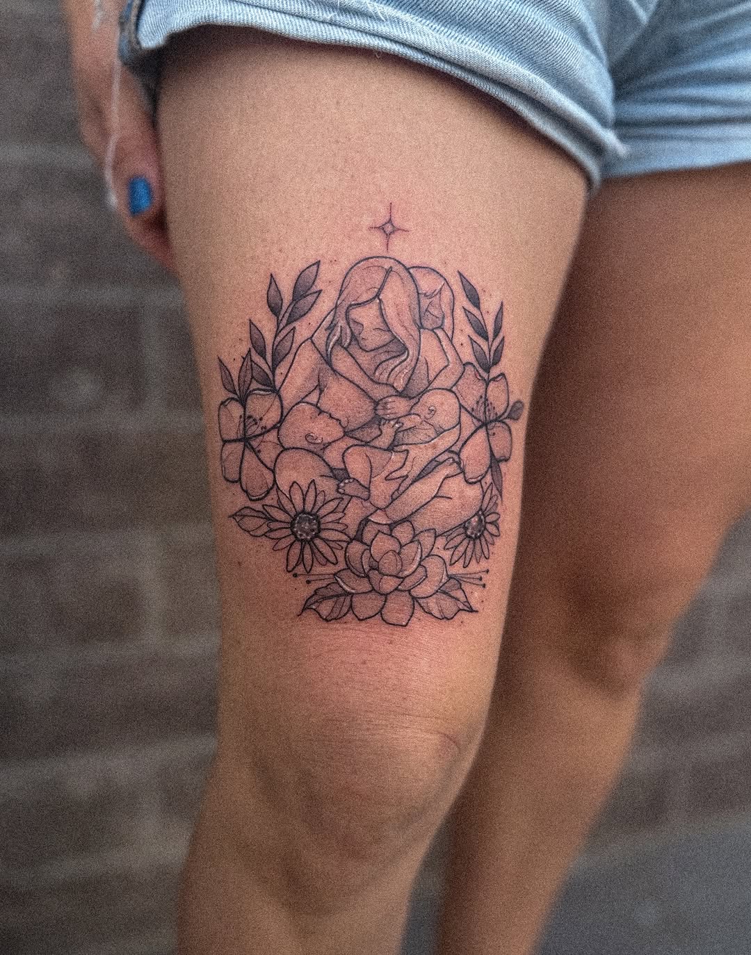 Delicate linework mother nursing among blooming garden florals