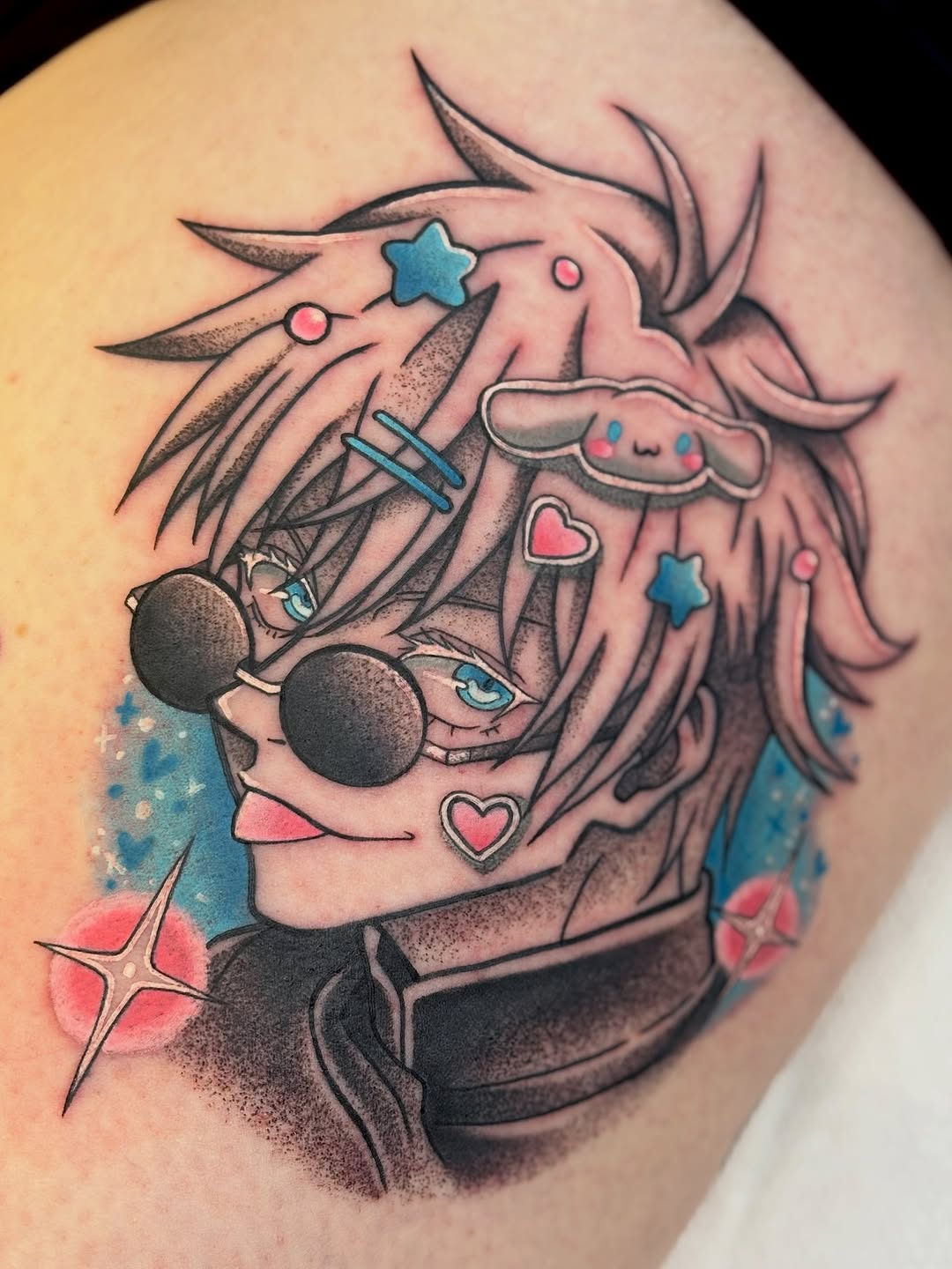 Chibi Gojo x Cinnamoroll crossover tattoo with pastel accents