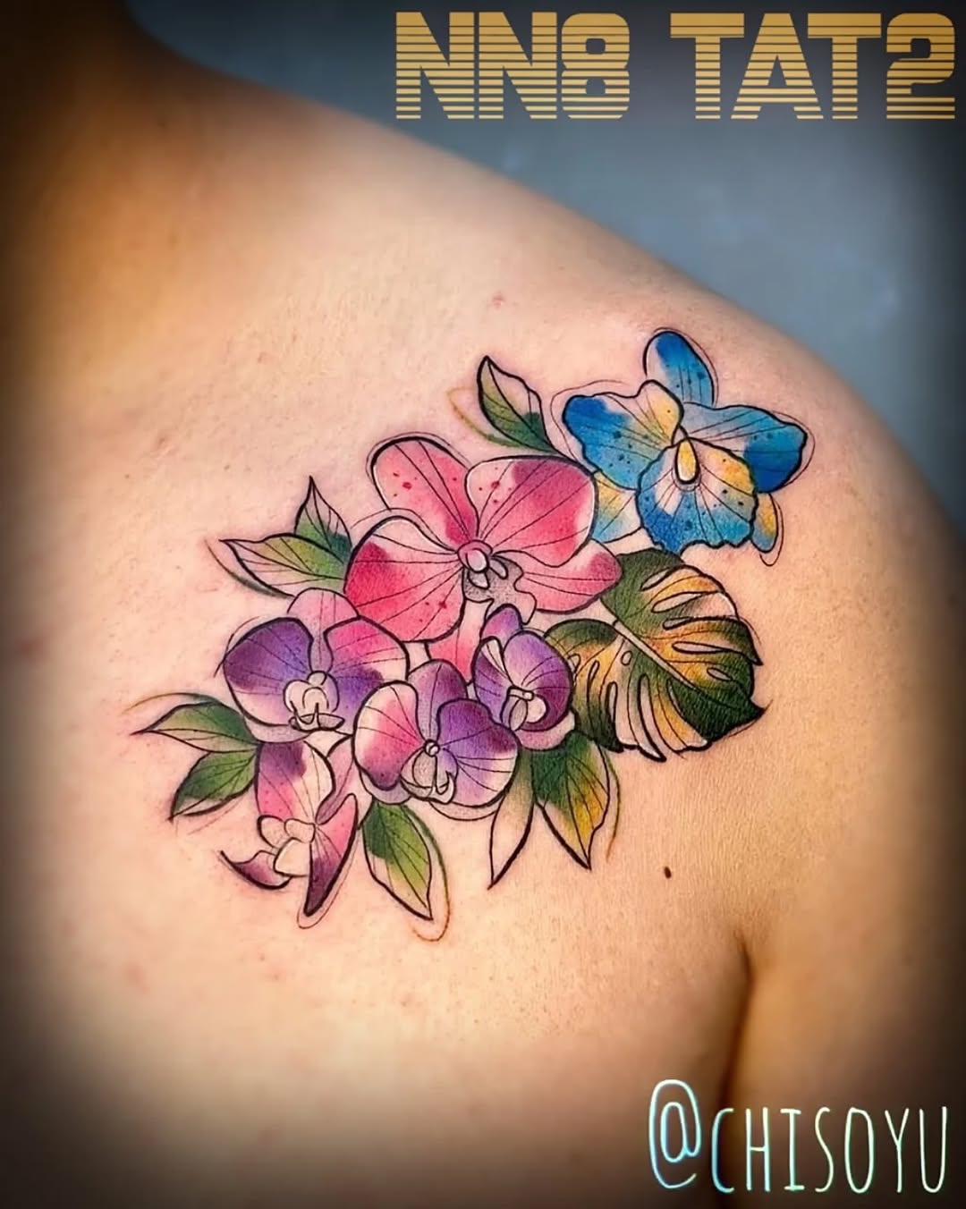 Vibrant watercolor orchid bouquet with bold outlines