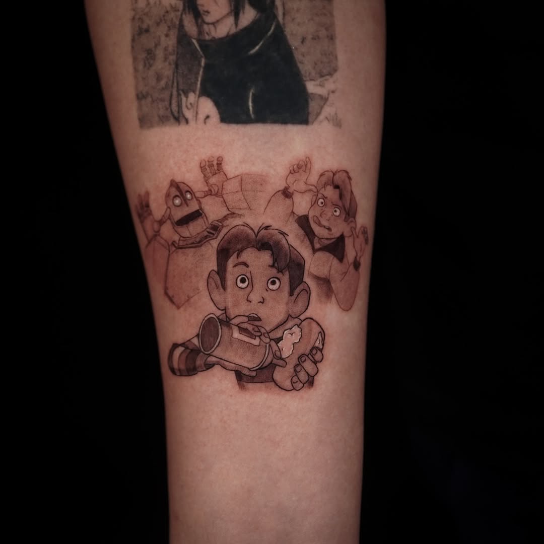 Whimsical Iron Giant scene with Hogarth, bold linework.