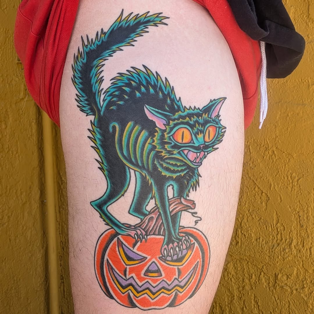 Bold teal cat perched on carved pumpkin.