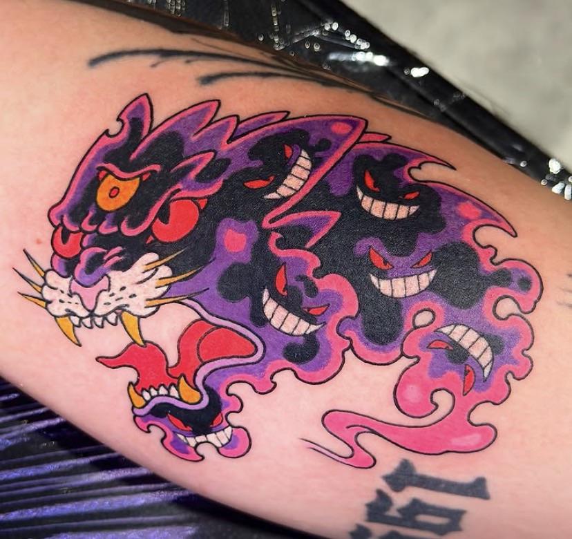 Bold, neon Gengar-inspired panther swirling in purple-pink aura.