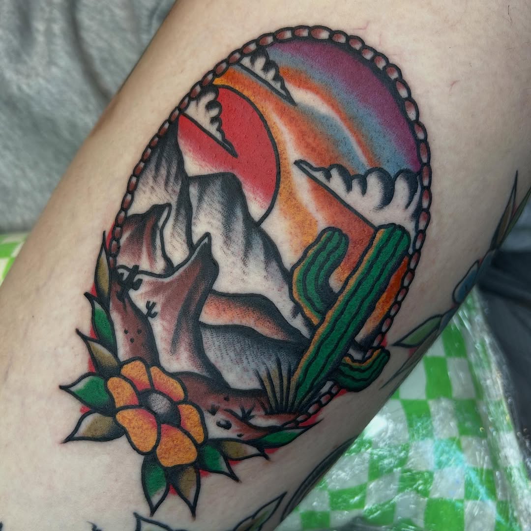 Colorful traditional desert landscape with mountains, cactus, and a flower