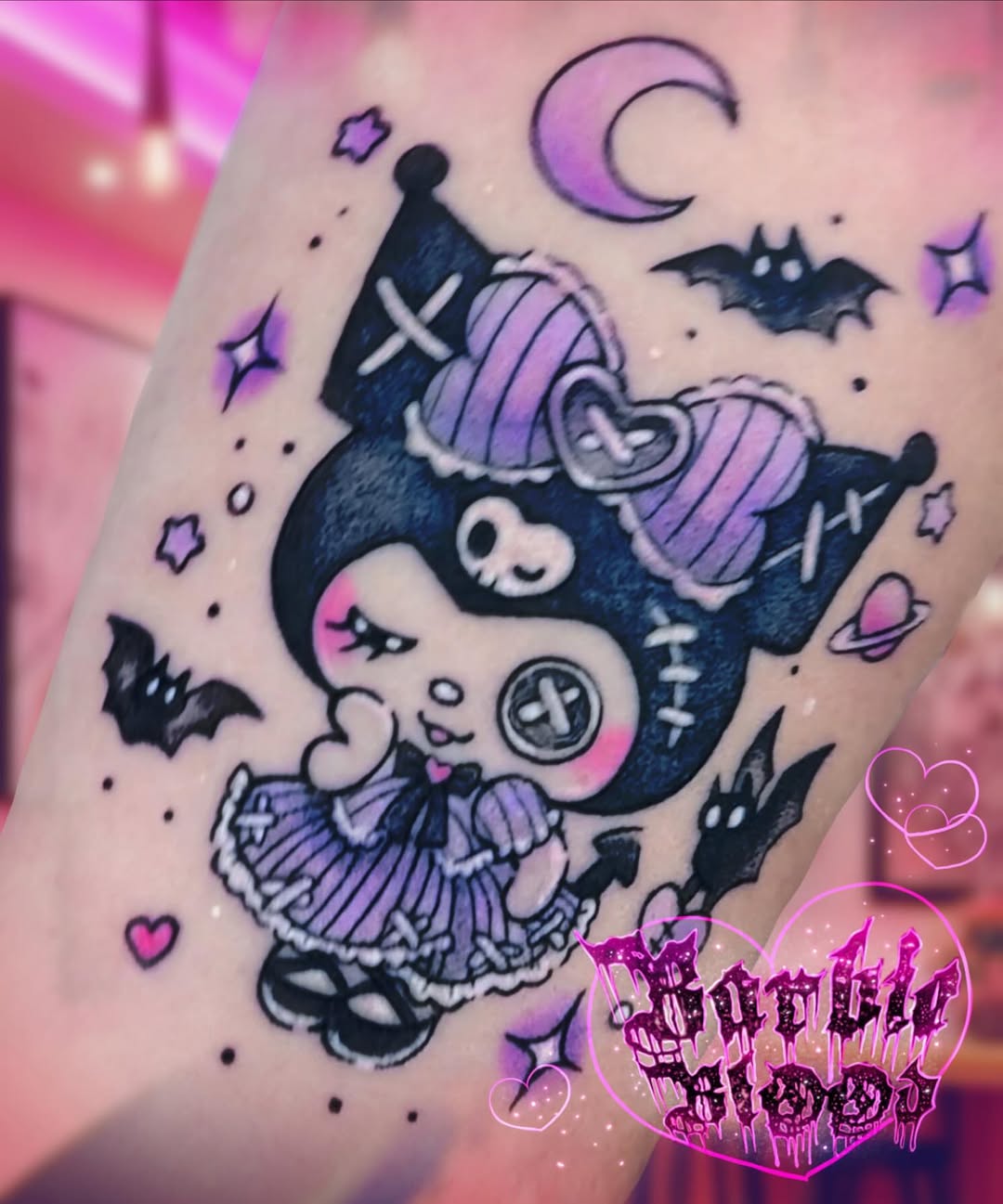Kawaii Kuromi gothic tattoo with lavender dress and bats
