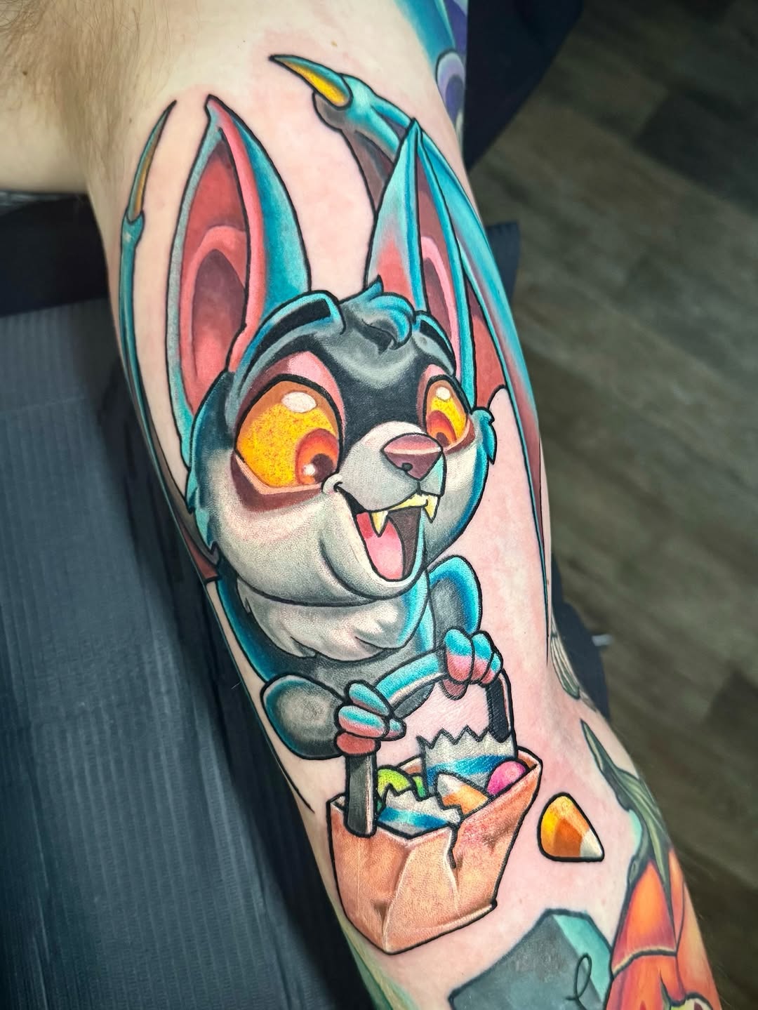 Vibrant cartoon bat clutching candy bag, Halloween whimsy