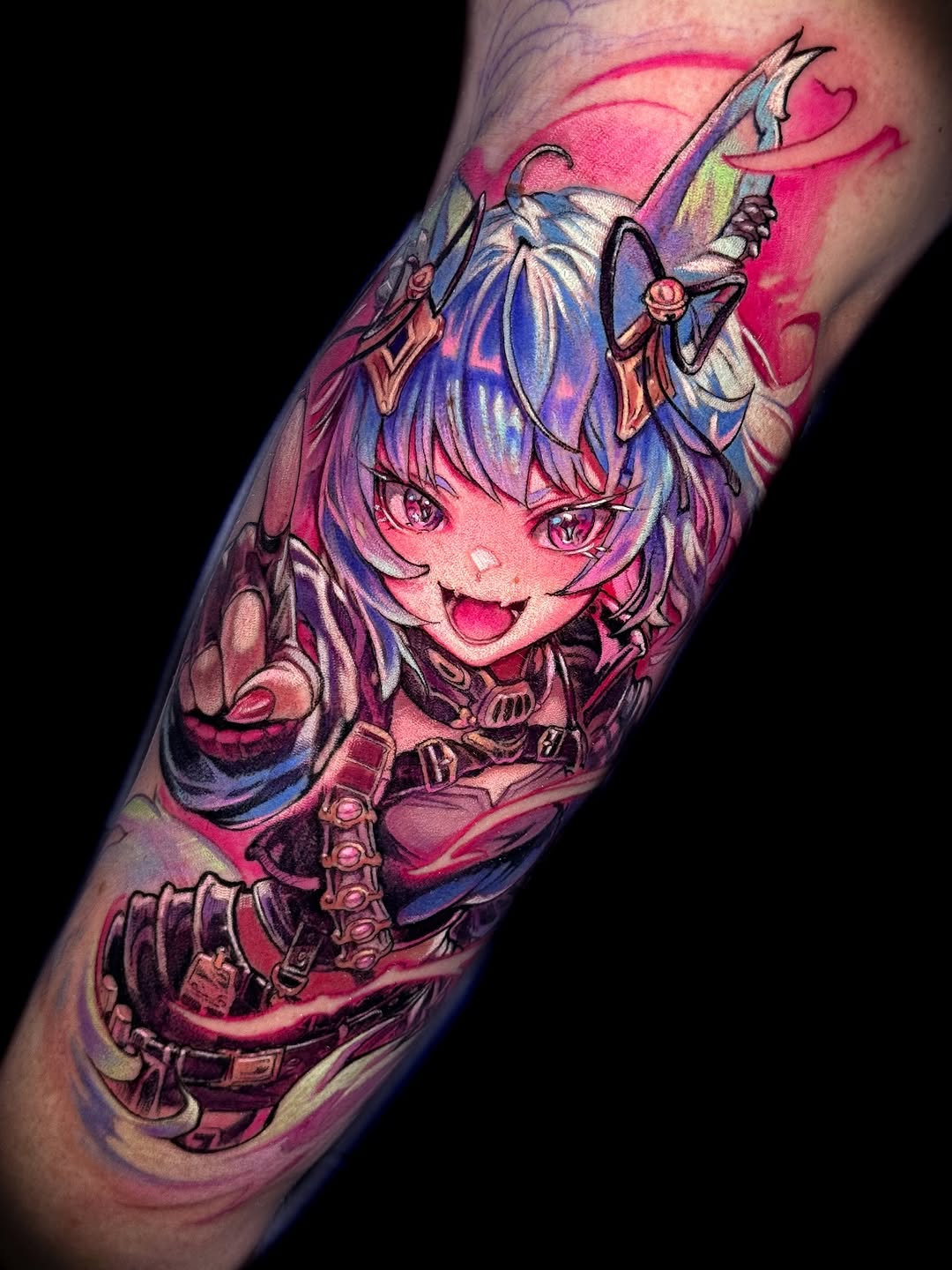 Vivid anime fox-girl with cyberpunk hues and gears