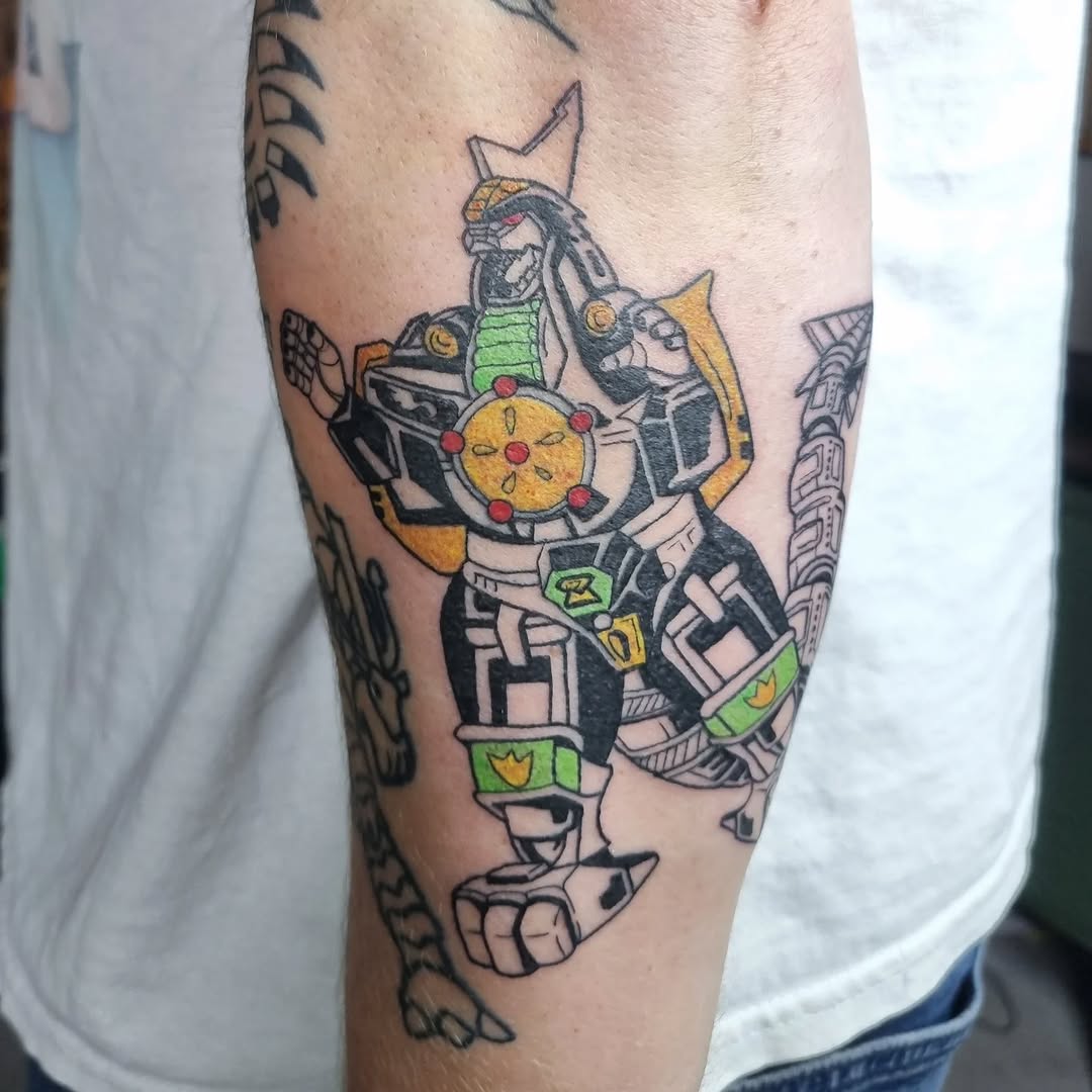 Bold Dragonzord-mecha tattoo with vibrant color blocking