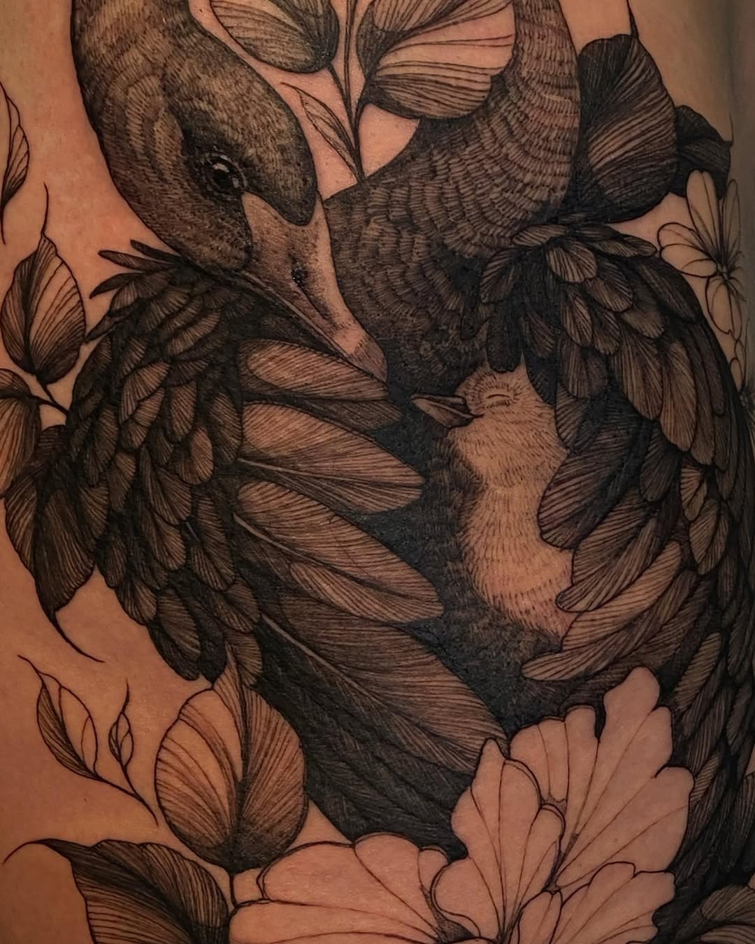 Intricate blackwork swan with feathered wings and blossoms