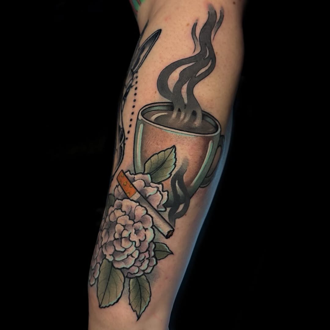 Neo-traditional coffee cup with steam, cigarette, and blossoms