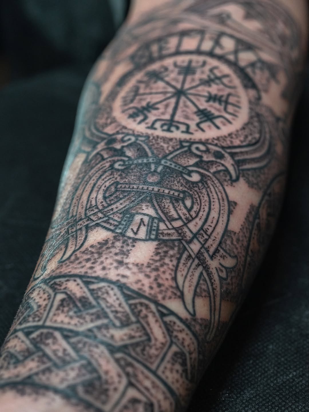 Intricate blackwork forearm sleeve with Nordic knotwork