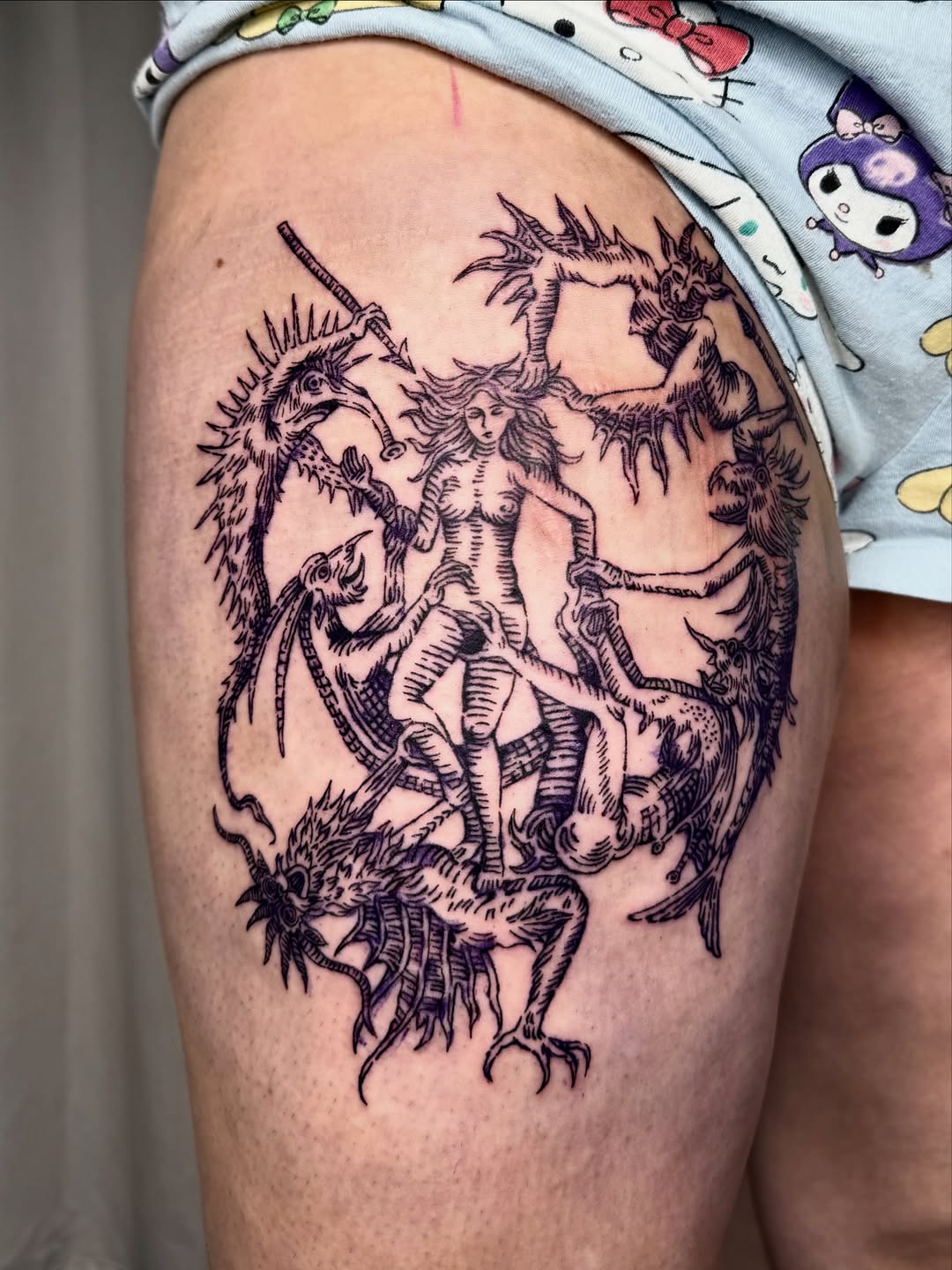 Engraving-inspired nude maiden amid winged monstrosities, bold linework