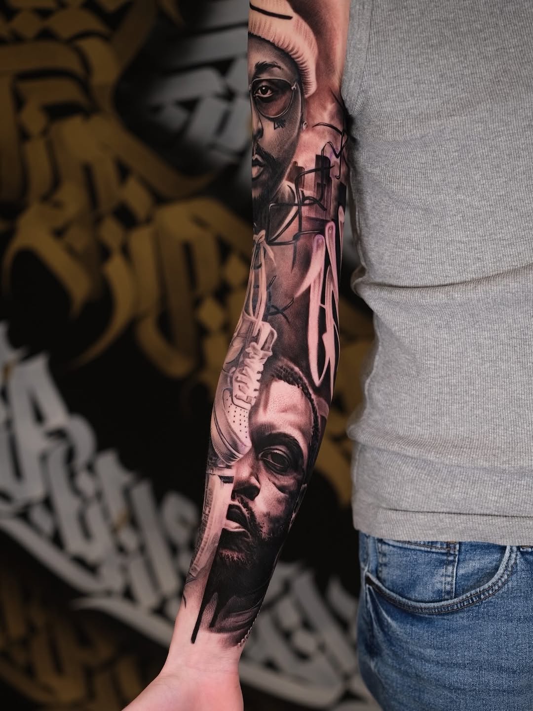 Hyper-detailed black-and-gray portrait sleeve with moody shading