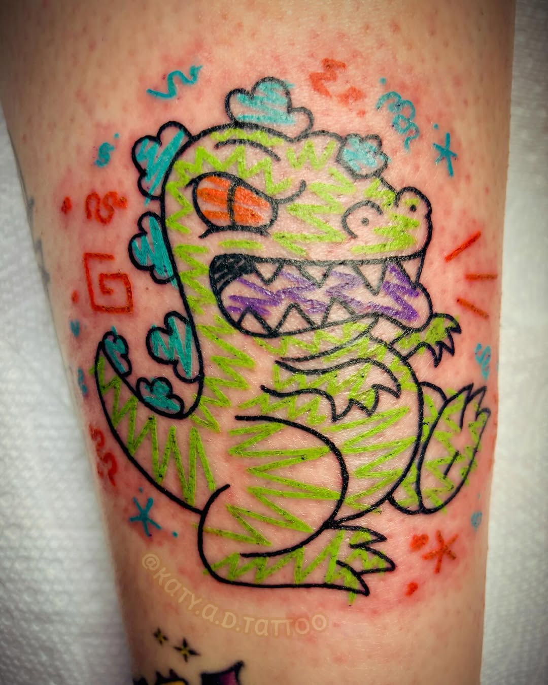 Neon lime cartoon dinosaur with bold black outline