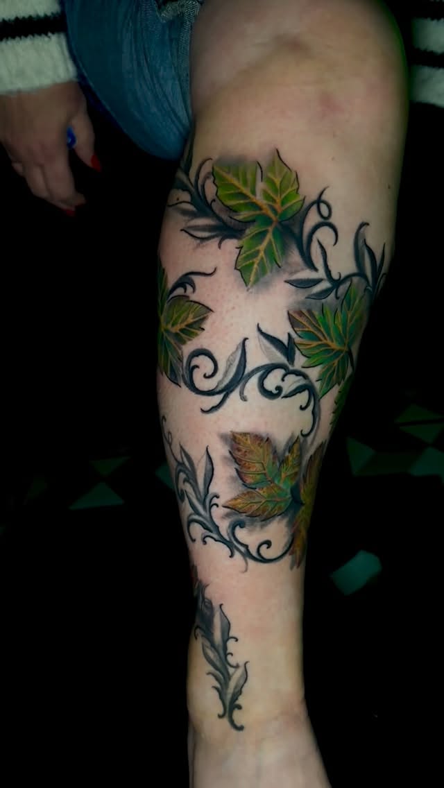 Vibrant Poison Ivy leaves entwined with swirling scrollwork