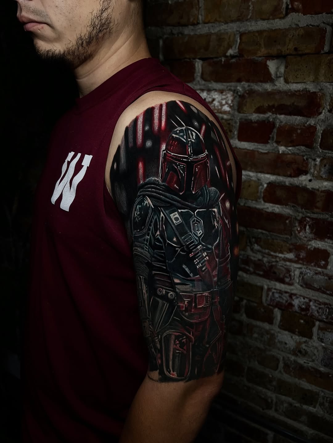 Hyper-detailed Mandalorian armor sleeve with moody shading