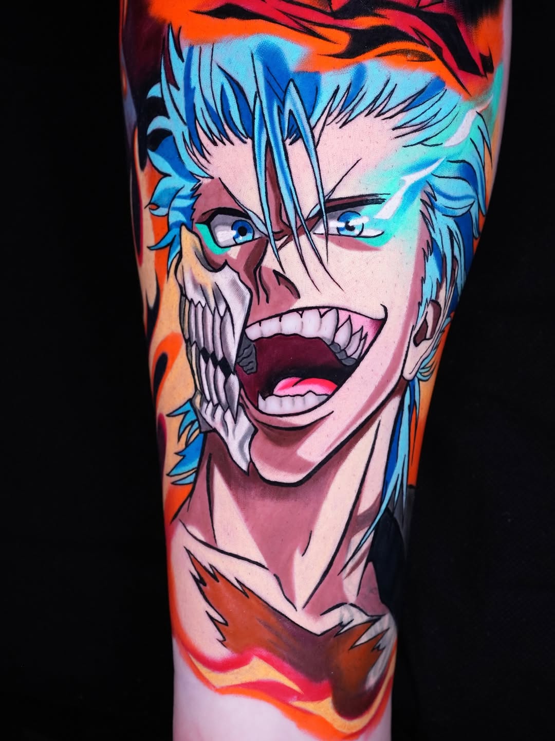 Vivid anime Grimjow portrait with explosive blue hair