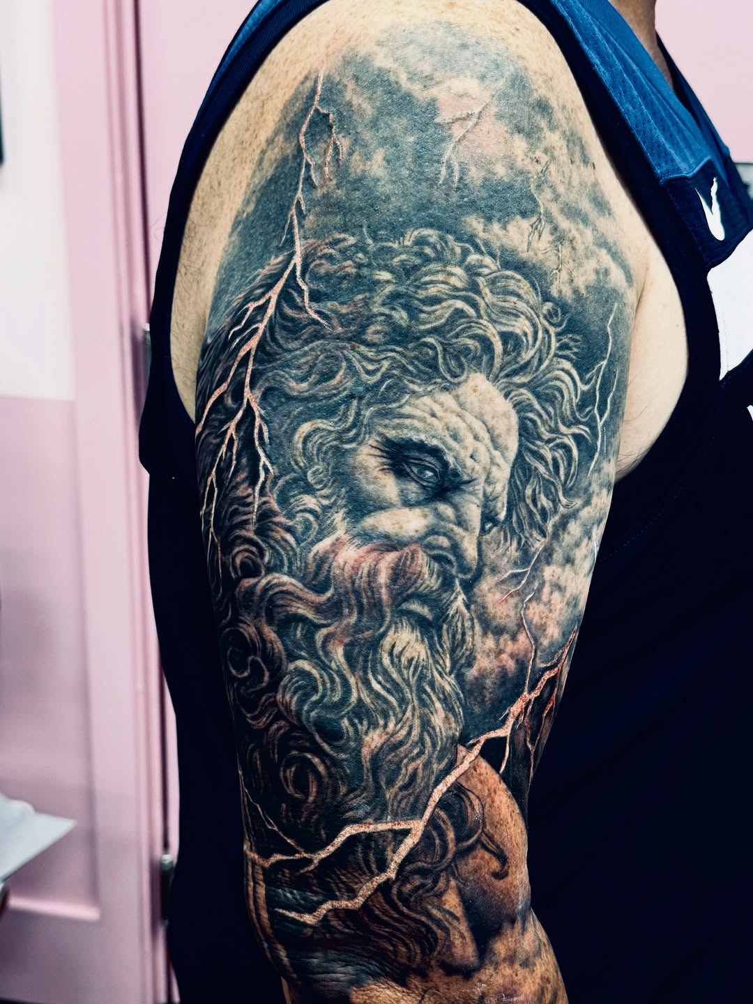 Dramatic grayscale Poseidon portrait with stormy clouds and bolts