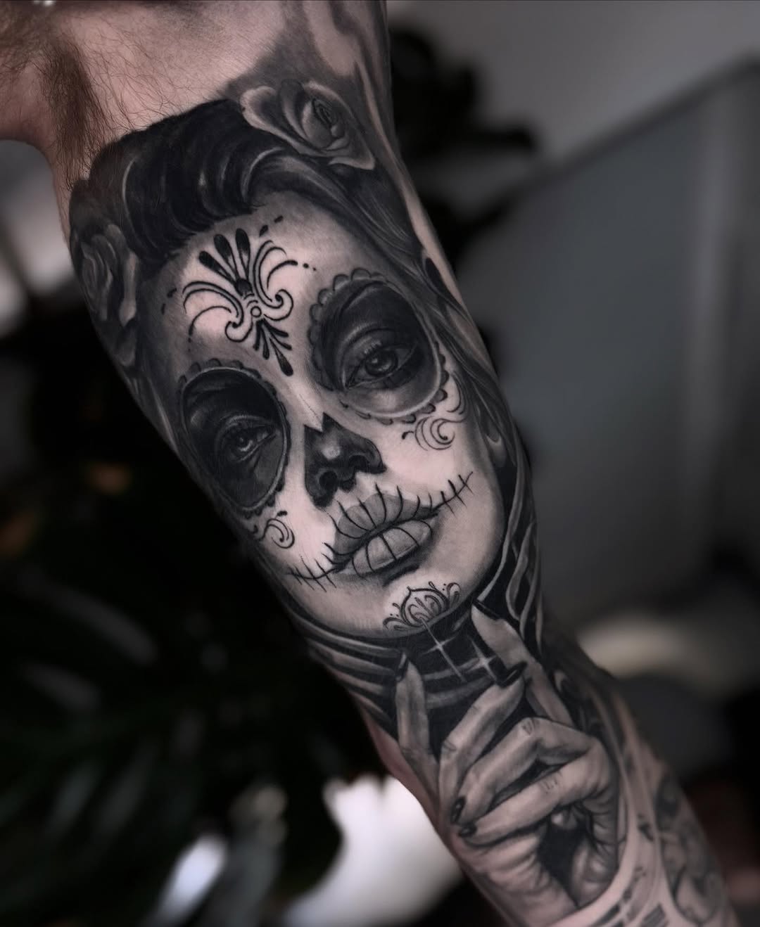 Intricate sugar skull portrait with ornate black-gray shading.