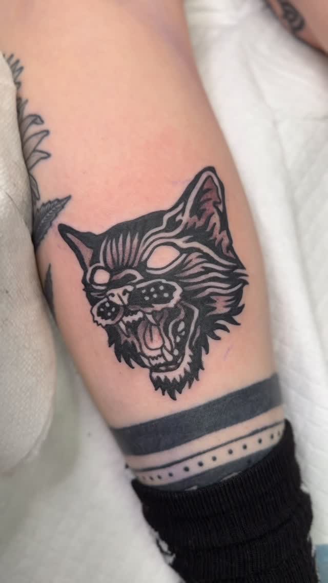 Aggressive blackwork wolf head with bold lines