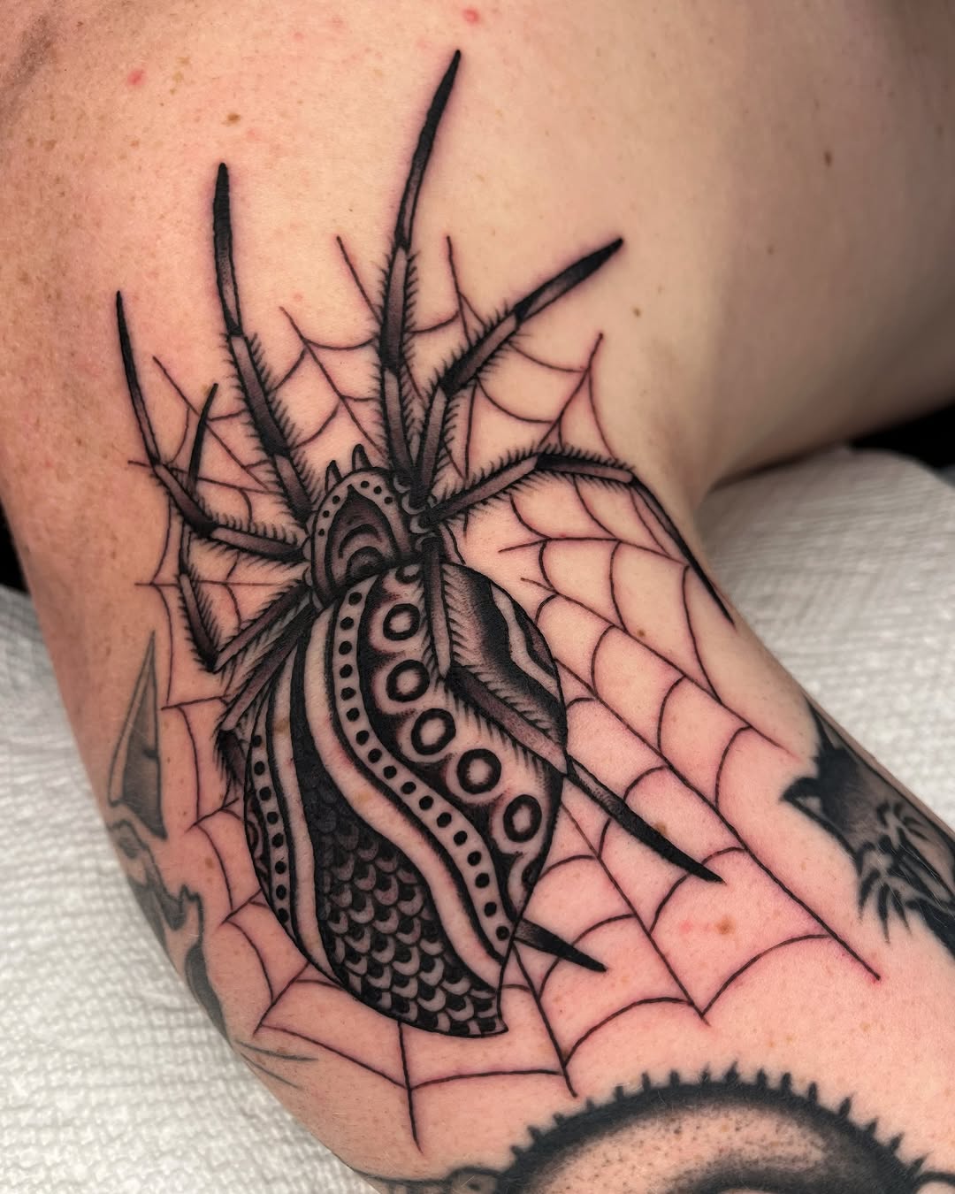 Bold black spider with ornate dotted abdomen on web.