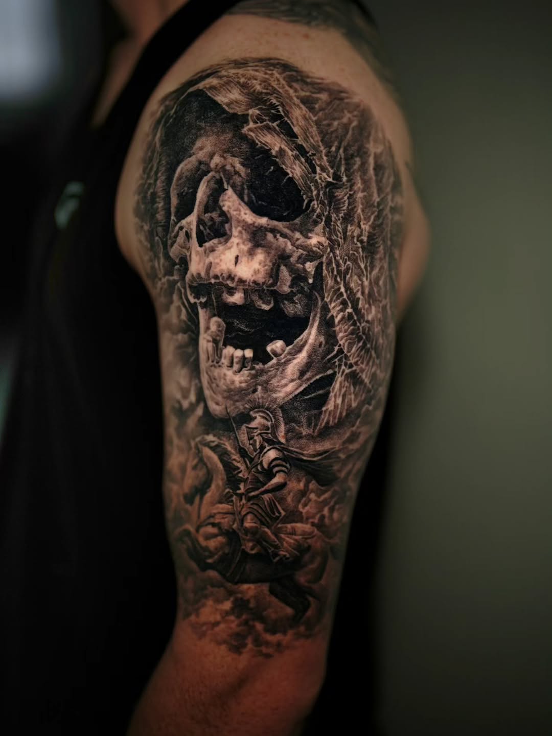 Hyper-detailed skull with knightly warrior in storm-lit battle