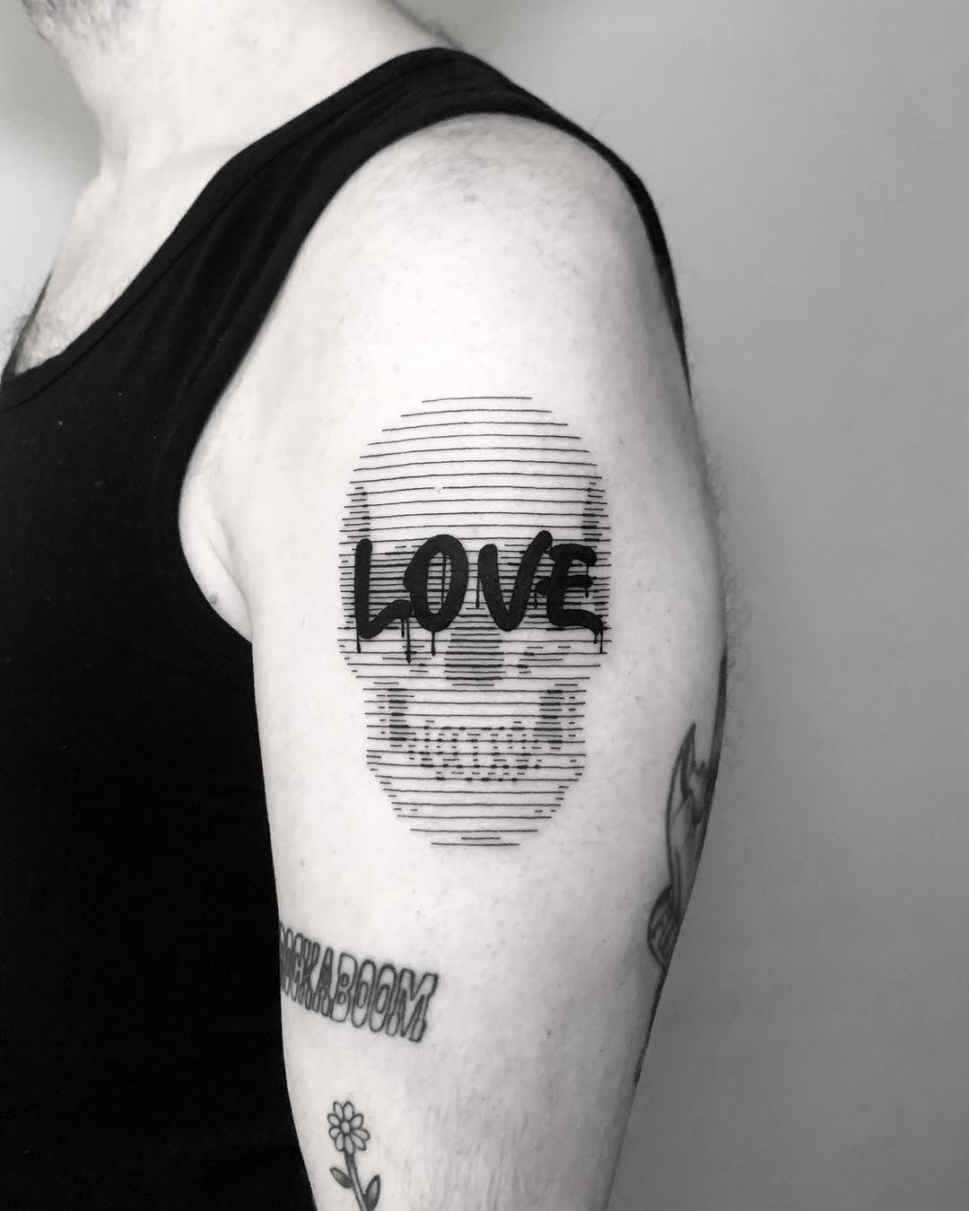 Geometric skull formed by parallel lines with LOVE overlay