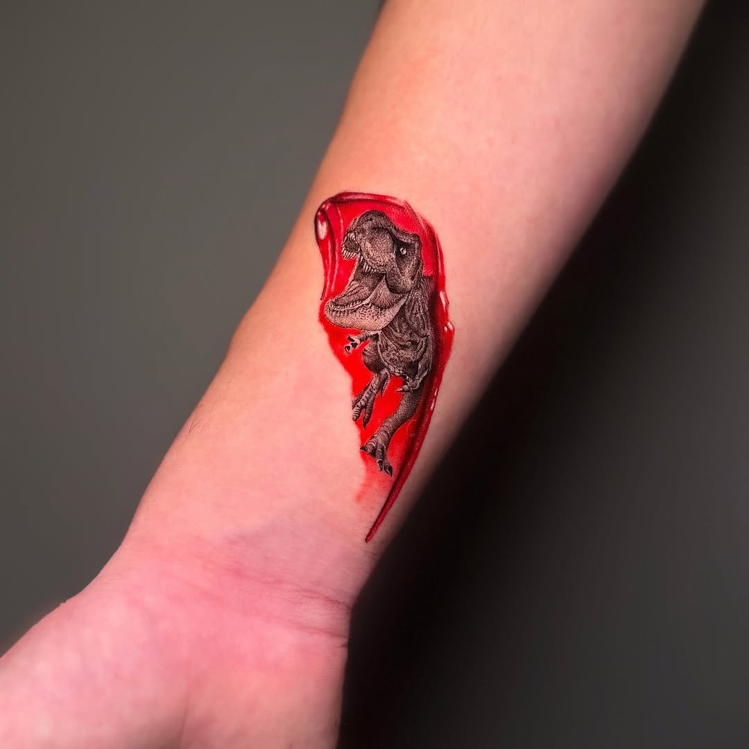 Tiny blackwork Tyrannosaurus skeleton with crimson watercolor backdrop.