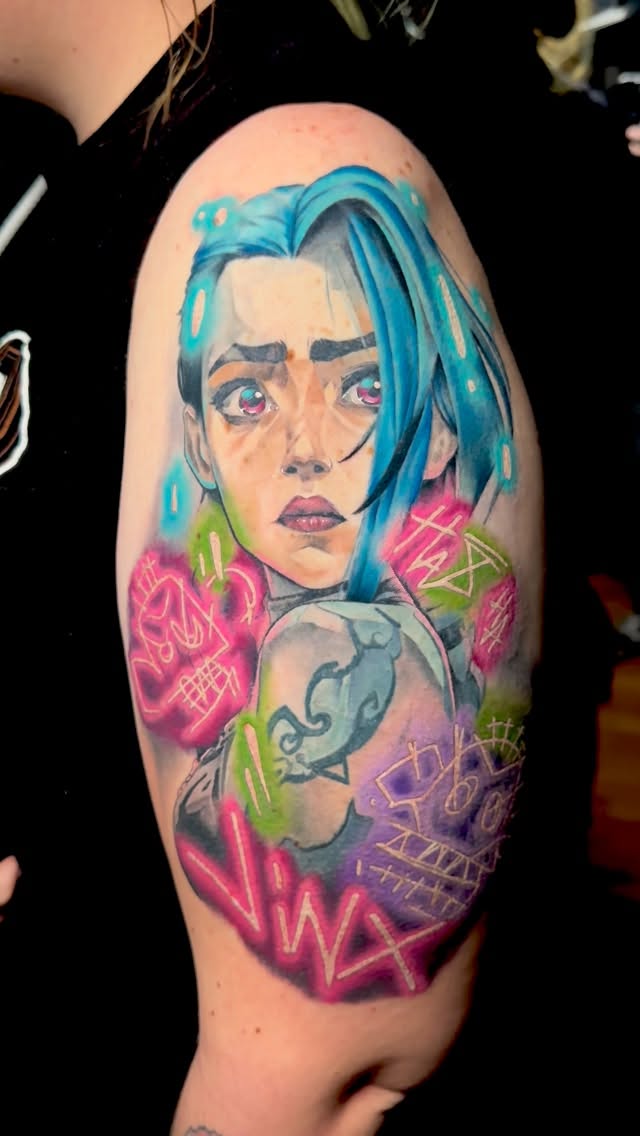 Vibrant neon Jinx portrait with graffiti backdrop