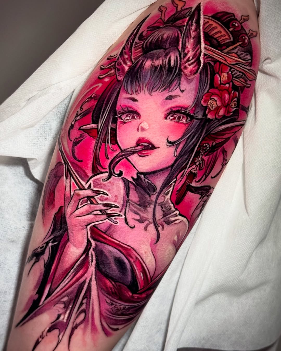 Vivid anime-style oni girl with bold pink shading