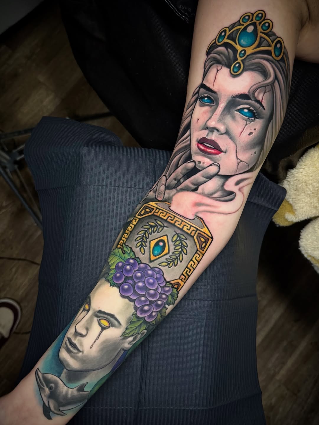 Vibrant neo-traditional goddess portrait with jeweled crown