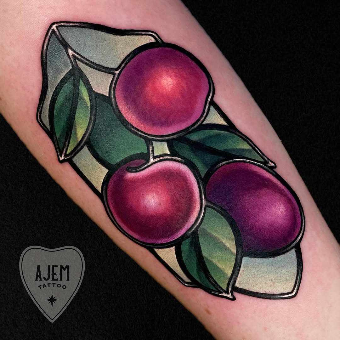 Vibrant stained-glass plum cluster with bold black outlines.
