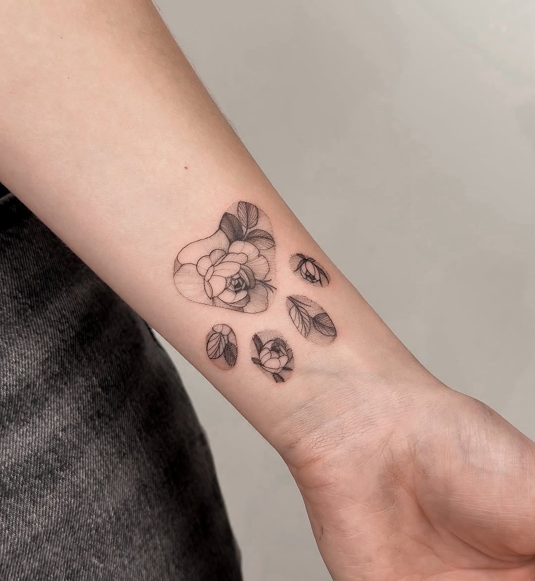 Delicate fineline peonies forming a heart-shaped bouquet