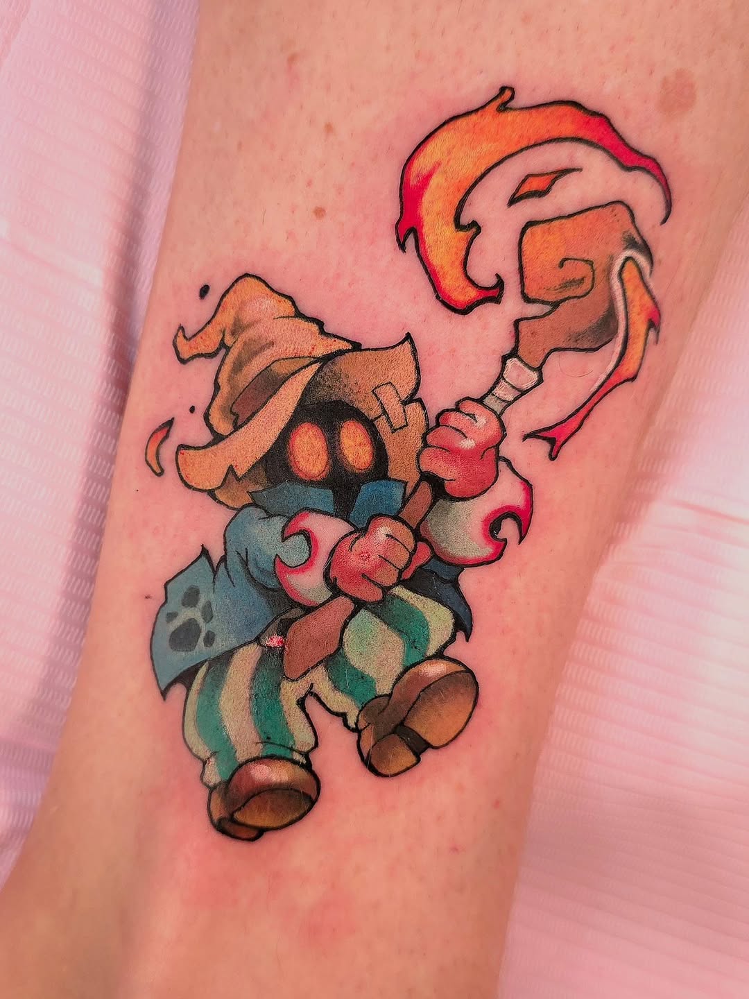 Bold, colorful cartoon fantasy character with flaming plume