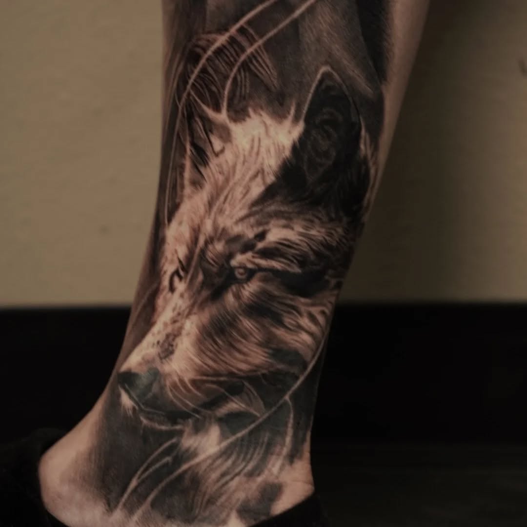 Hyper-realistic grayscale wolf head on calf