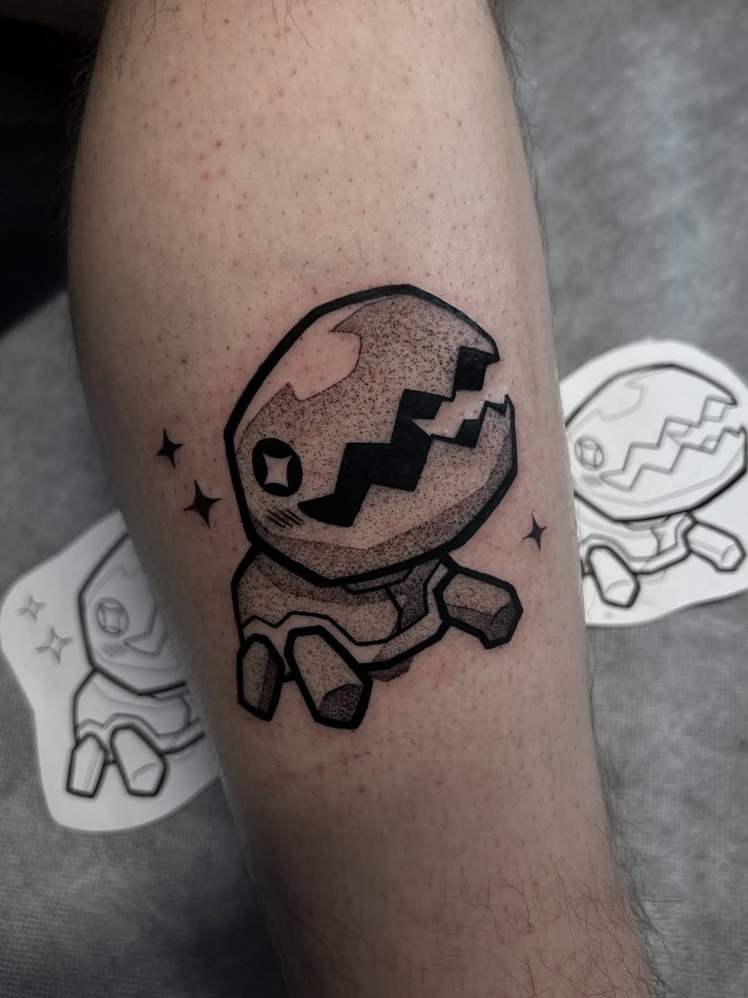 Chibi bitey creature with pixelated grin, bold linework