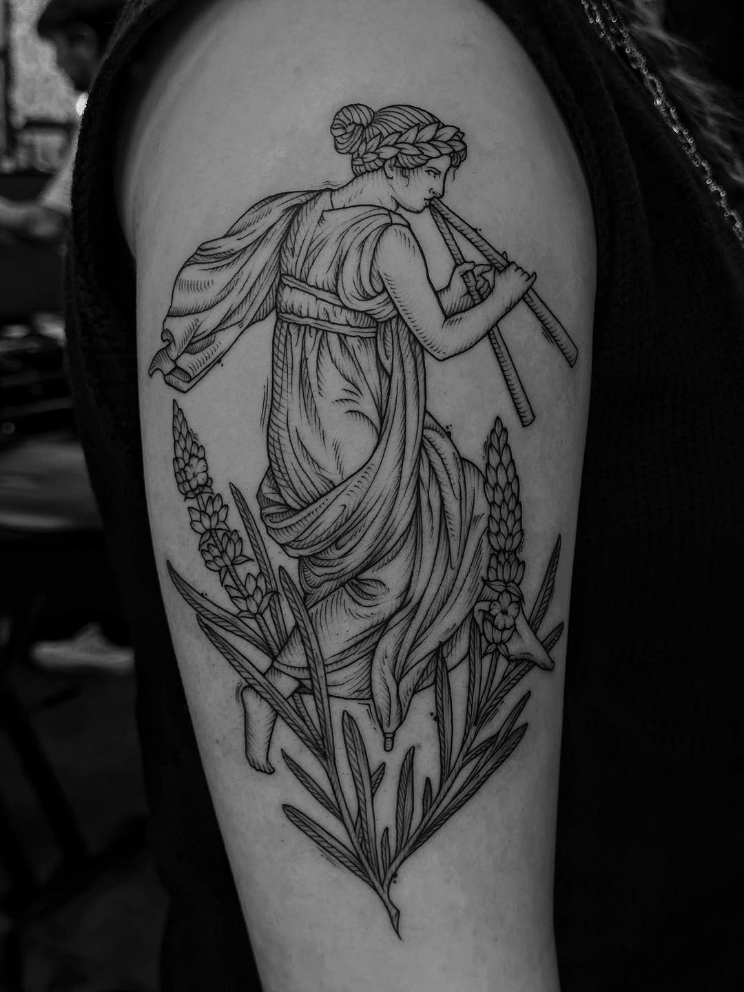 Neo-classical Euterpe-inspired linework muse amid lavender