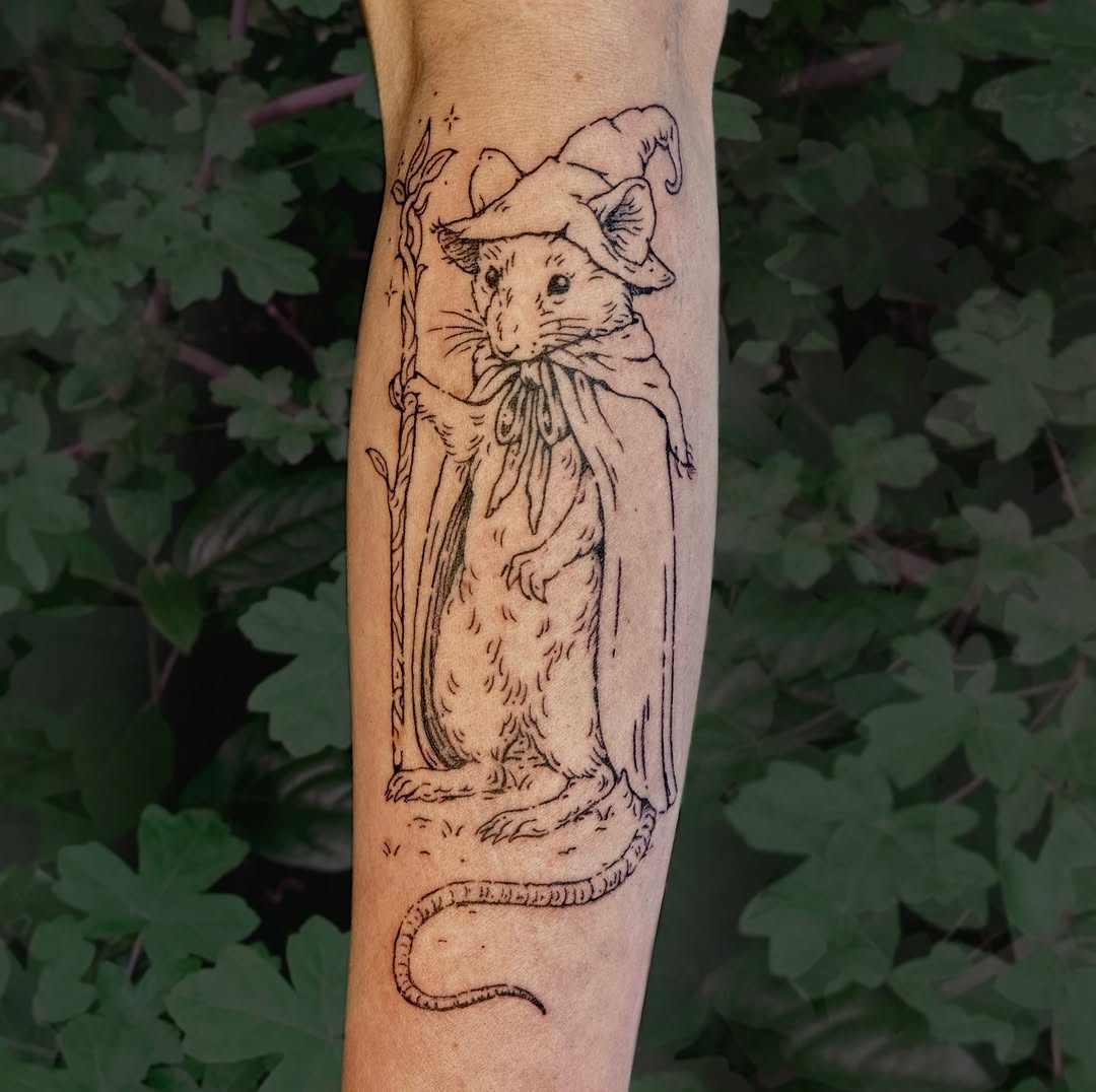 Whimsical wizard rat rendered in delicate linework